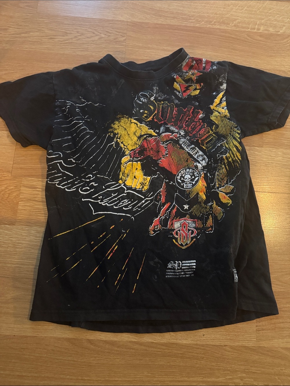 Southpole Black All-Over Graphic Tee Y2K Streetwear Bull Eagle Boys L 14-16